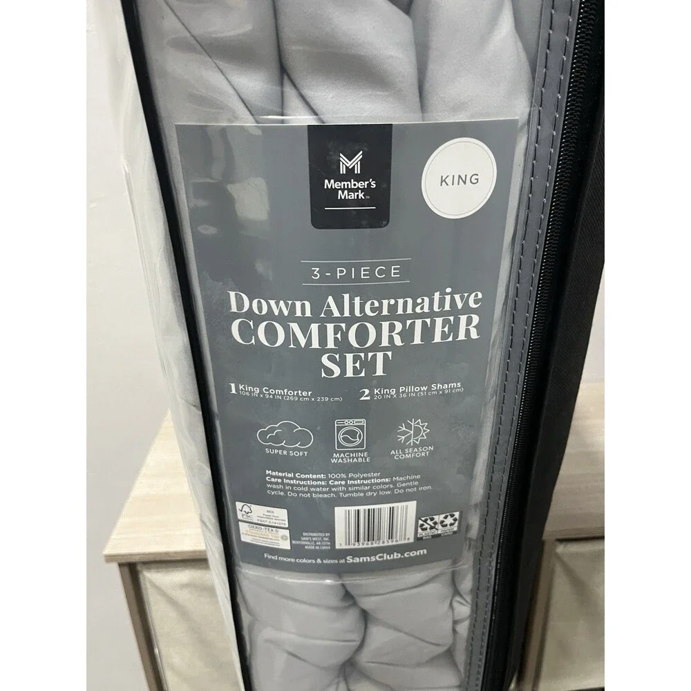 NEW Member's Mark King Down Alternative Comforter Set 3 Piece Gray All Seasons